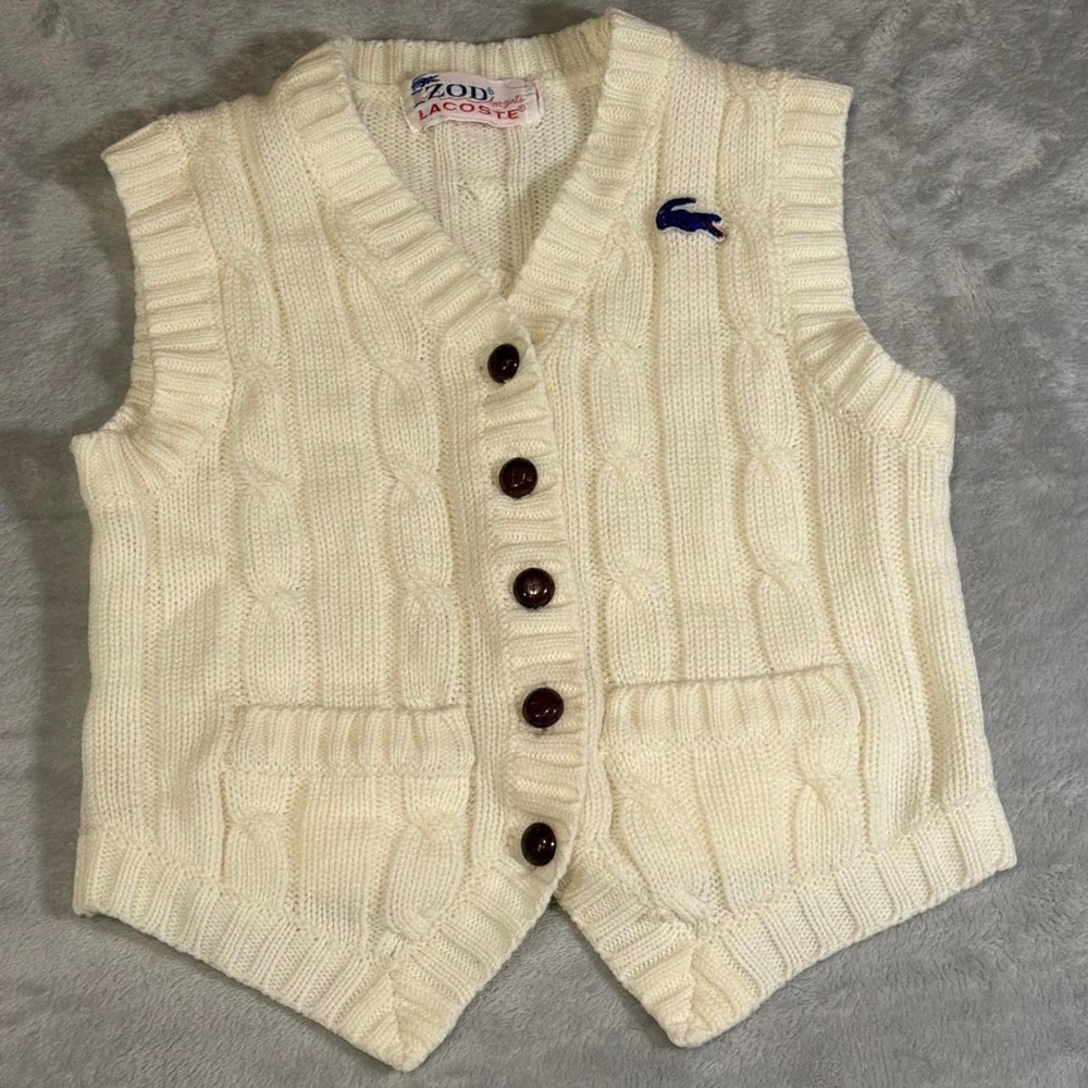Vintage 70s IZOD Lacoste Cable Knit Wool Sweater Vest | Cream | XXS